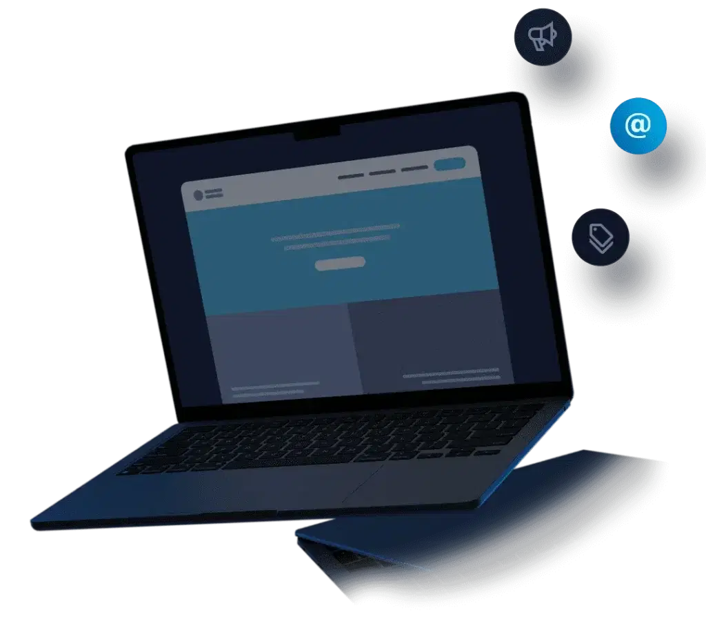 Laptop with email, notification and bookmark icons