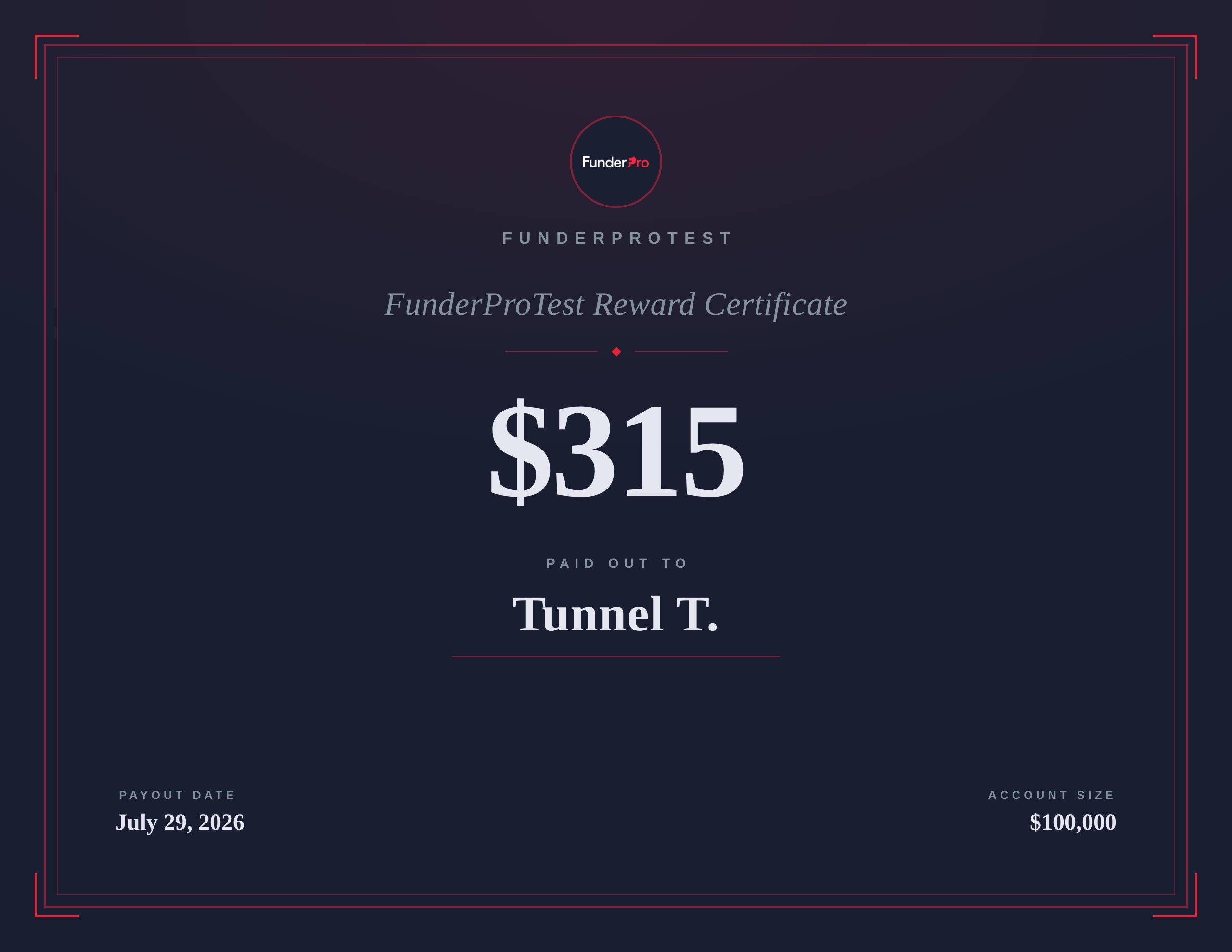 $315 reward paid out to Tunnel T.